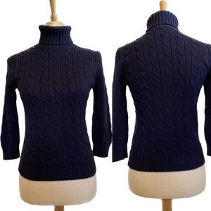 Ralph Lauren Blue Label Navy Blue 3/4 Sleeve Cable Knit Turtleneck Sweater
